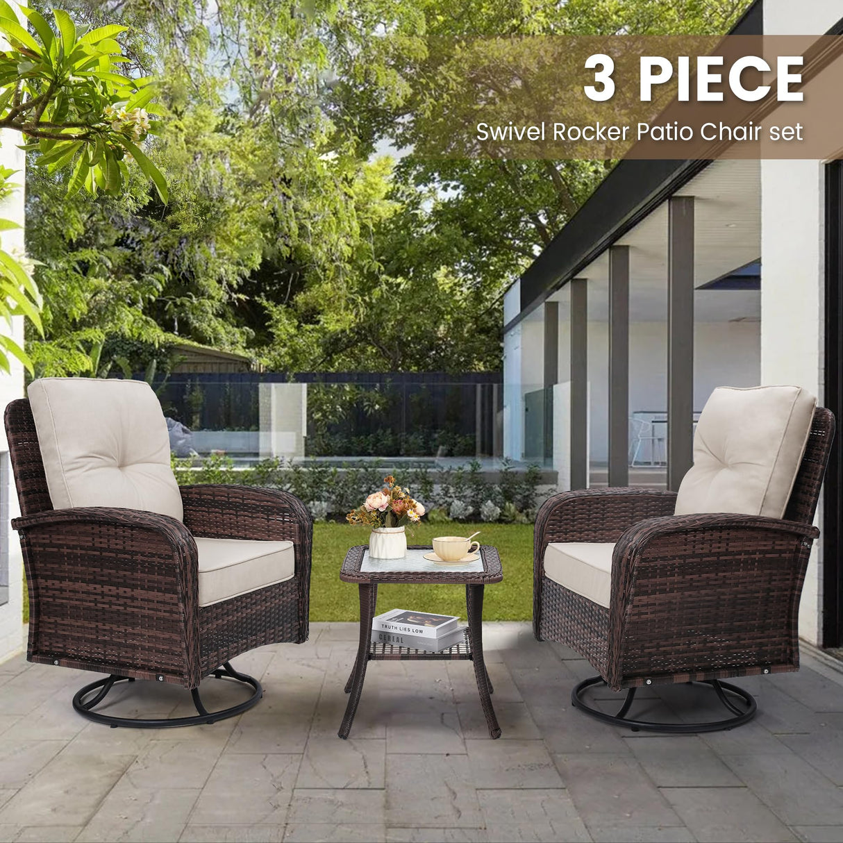 wildformers 2 Luxury Outdoor Swivel Wicker Glider Patio Chairs with Table Set, Overstuffed Washable Cushions, Ideal for Porch, Balcony, Deck, Brown Rattan and Beige Cushions wildformers