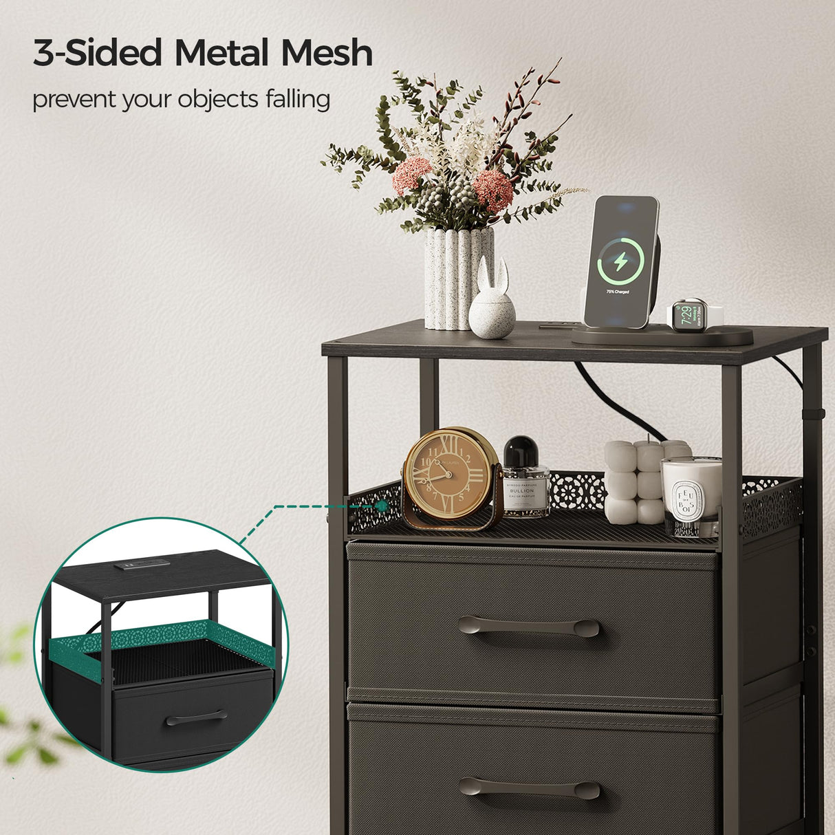 JARHETUN End Table with Charging Station and LED Light, Side Table with USB Ports and Outlets, LED Nightstand Set of 2, Bedside Tables with 3 Fabric Drawers, Black JARHETUN