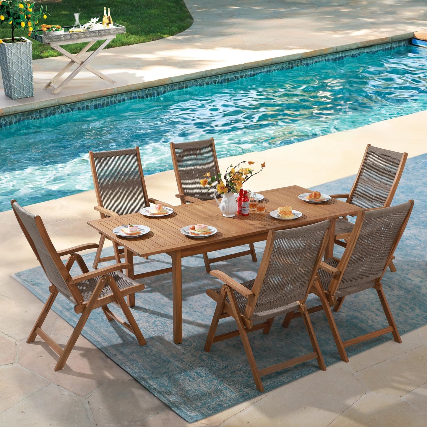 OC Orange-Casual 7 Pieces Patio Dining Set Outdoor Furniture with 6 Foldable Acacia Wooden and Rope Chairs and Large Table for Outdoor,Yard, Garden, Porch，Beige - WoodArtSupply