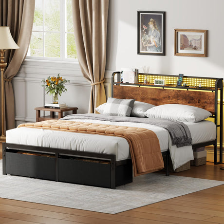 Furnulem Queen Size Bed Frame with Headboard, Platform Bed Frame Queen Size with 2 Storage Drawers and Charging Station & LED Lights, No Box Spring Needed, Noise Free Furnulem