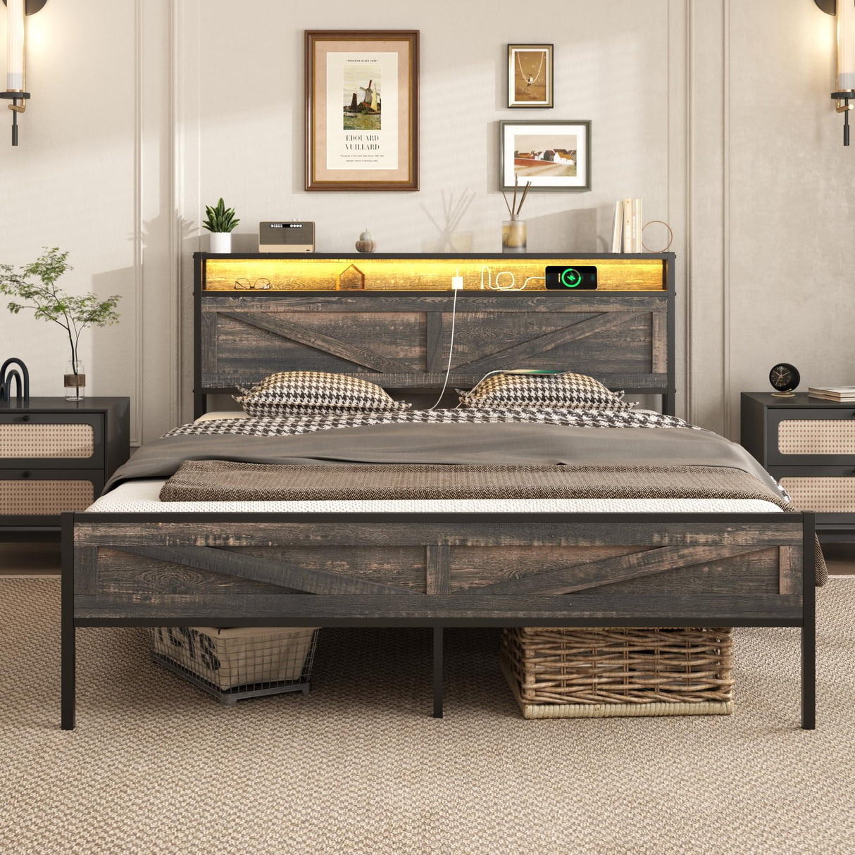 Halitaa Bed Frame Queen Size with Charging Station, Platform Metal Bed with Headboard & Led Light, Farmhouse Storage Bed for Bedroom, No Box Spring Needed Halitaa