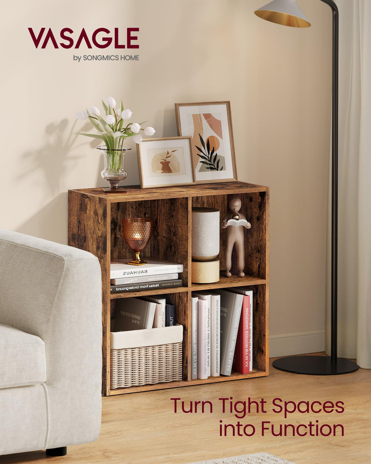 VASAGLE Custos Collection - Bookshelf, Bookcase, Cube Shelf with 4 Compartments, 9.4 x 26 x 26 Inches, Storage Shelf, for Living Room, Home Office, Dining Room, Rustic Brown ULBC476K01 VASAGLE