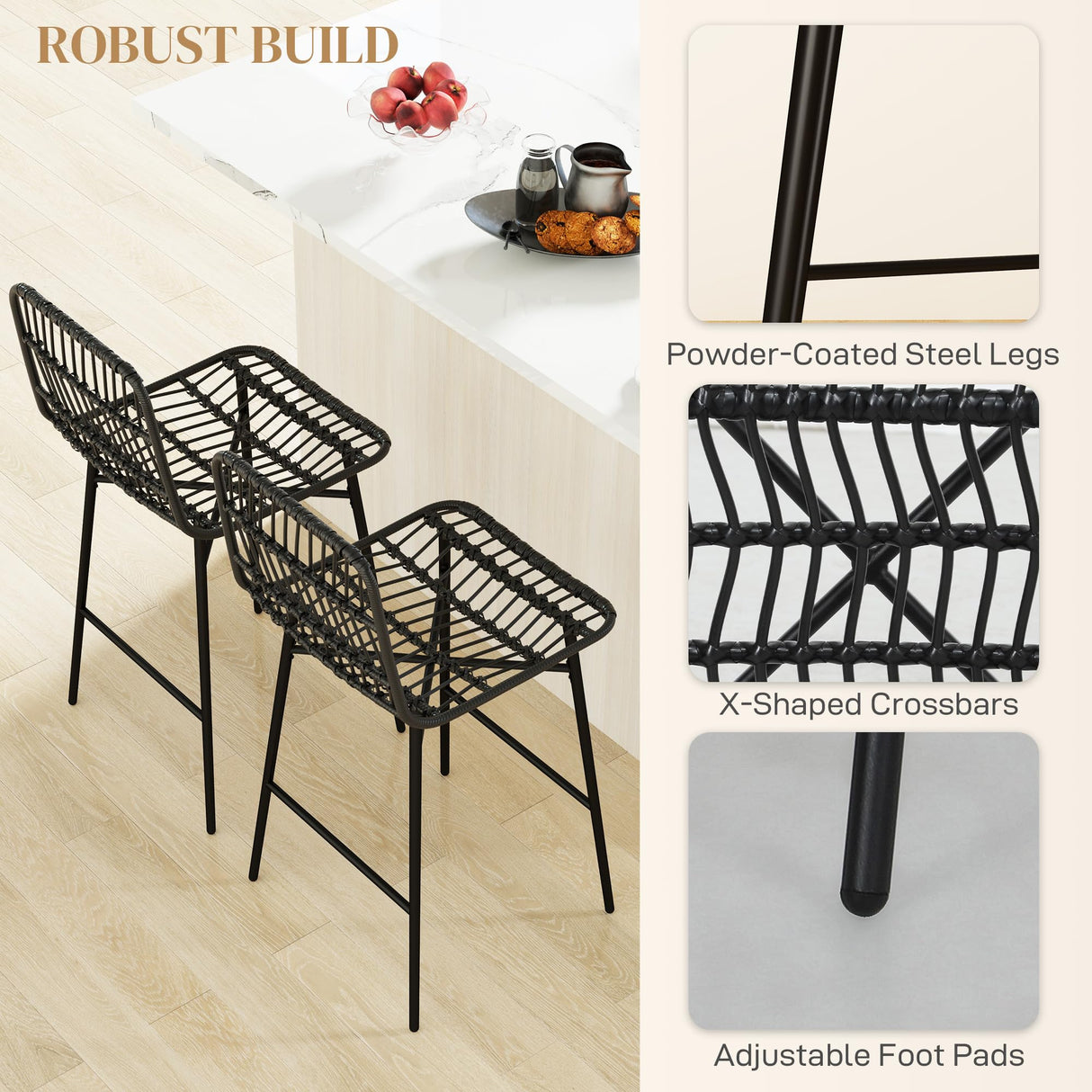 HOMCOM Rattan Counter Height Bar Stools Set of 2, 26" Wicker Barstools with Back, Modern Bar Chairs for Kitchen Island, Kitchen Counter and Dining Room, Black HOMCOM