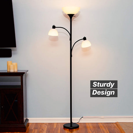 Brightech Sky Dome Double LED Floor lamp, Torchiere Super Bright Floor Lamp with 2 Reading Lamps for Living Rooms & Offices - Dimmable Tall Standing Lamp for Bedroom Reading - Tall Black Pole Brightech