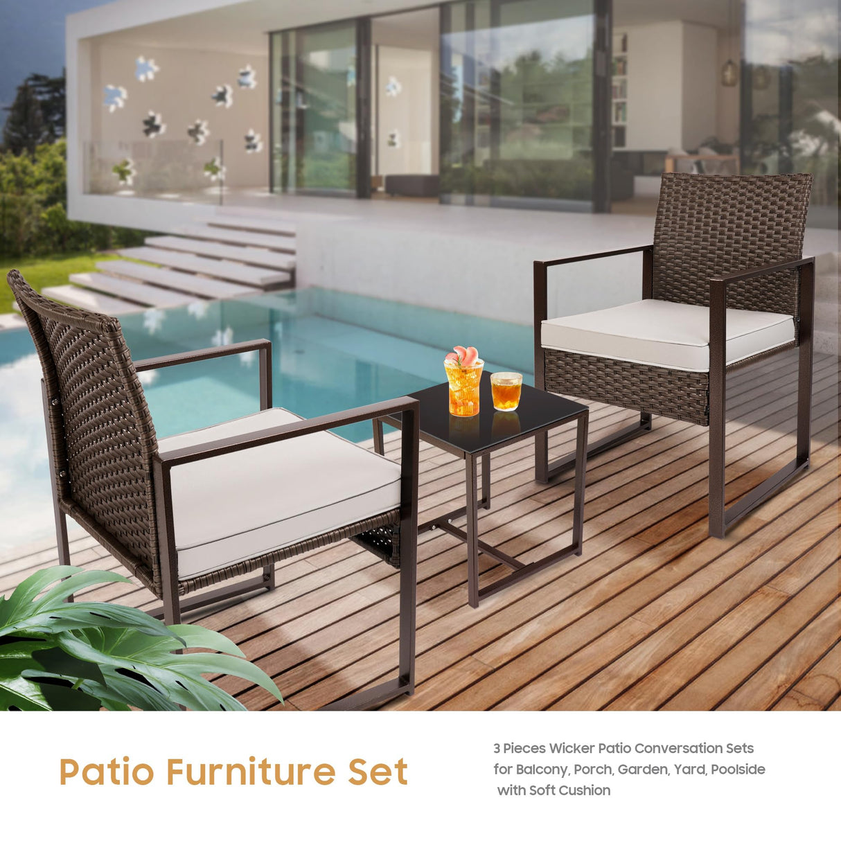 YIYAN Patio Furniture Set 3 Pieces Outdoor Rattan Chair Wicker Sofa Garden Conversation Bistro Sets with Coffee Table,Comfortable Washable Cushions (White) YIYAN