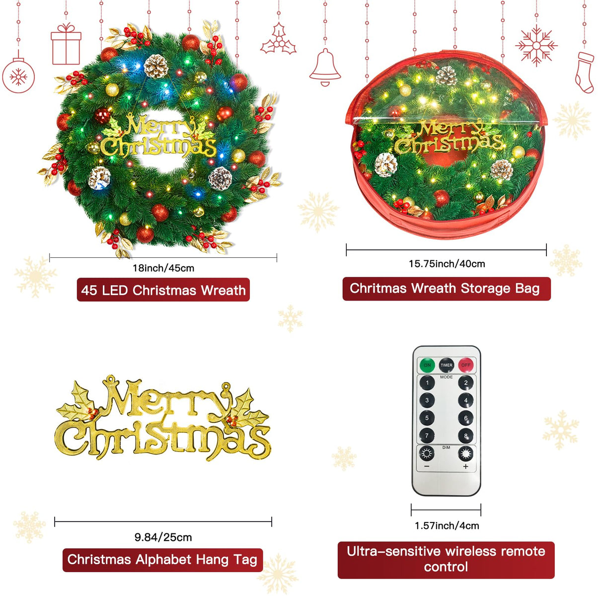 Pre Lit Christmas Wreath with Lights,Lighted Christmas Wreaths for Front Door with 45 Led Battery Operated 8 Modes Remote Control Timer,Indoor Outdoor 18 Inch Artificial Xmas Wreath Decorations noodunch