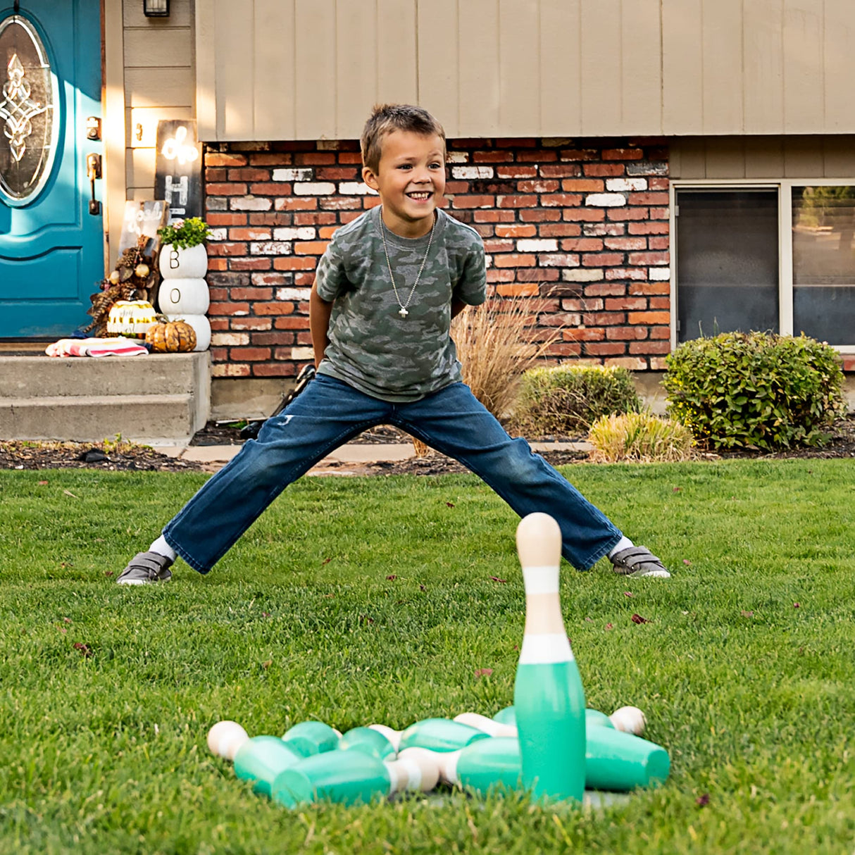 Sterling Sports Wooden Lawn Bowling 9" Skittles Set with Carrying Mesh Bag for Indoors and Outdoors - 10 Wooden Pins and 2 Balls, Green/Turquoise and Gray STERLING