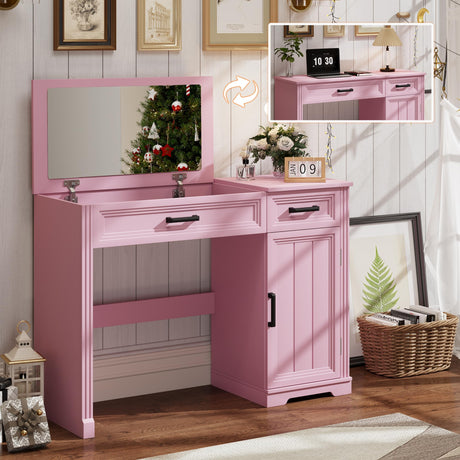 FOMNEY Farmhouse Vanity Desk with Flip Top Mirror, 43.3" W Makeup Vanity with Drawers, Storage Cabinet, Dressing Make Up Vanity Table for Bedroom, Wood Home Office Desk, Pink FOMNEY