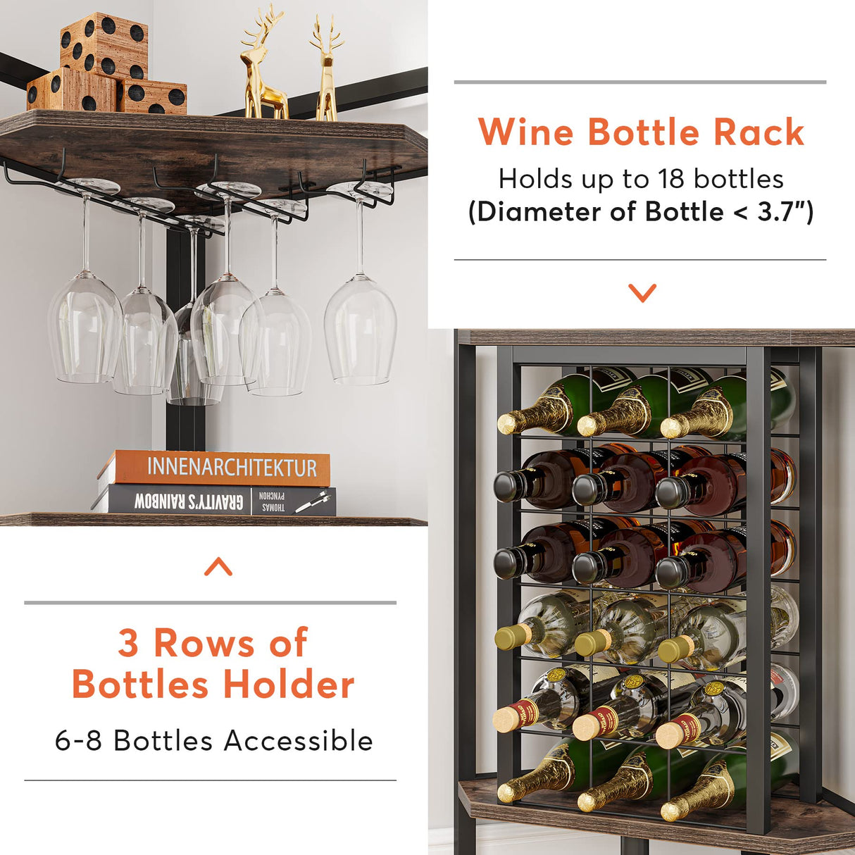 Tribesigns Corner Wine Rack with Glass Holder and Storage Shelves, 4 Tier Corner Bar Corner Wine Cabinet, Industrial Corner Wine Shelf for Living Room, Small Space (Brown) Tribesigns