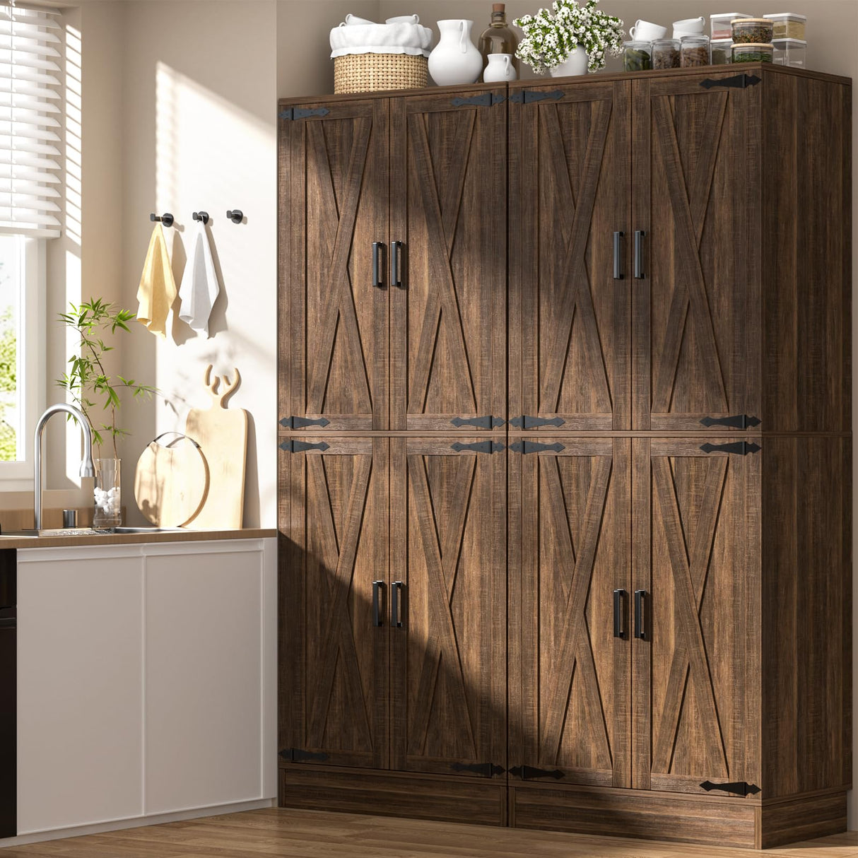 Unikito 71" Farmhouse Kitchen Pantry Storage Cabinet with Barn Doors, Adjustable Shelves & Drawer Organizer, Versatile Tall Storage Cupboard for Dining Room, Bathroom, Utility Room, Weathered Brown Unikito