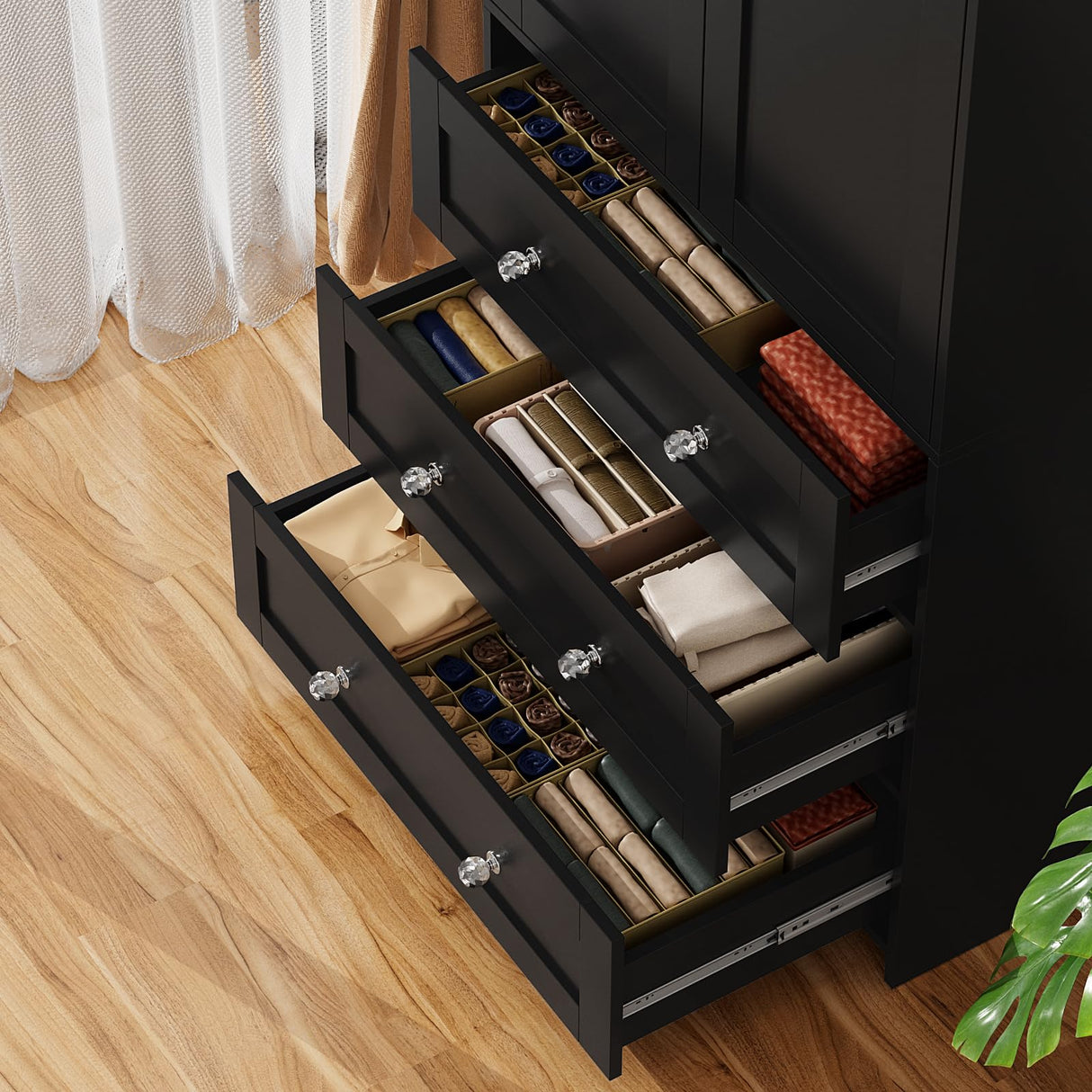 VOWNER Armoire Wardrobe Closet with Drawers and Mirror, 71" Clothing Storage Cabinet with Hanging Rod, 2 Doors Wooden Wardrobe Cabinet for Bedroom, Large Capacity Storage,Black VOWNER