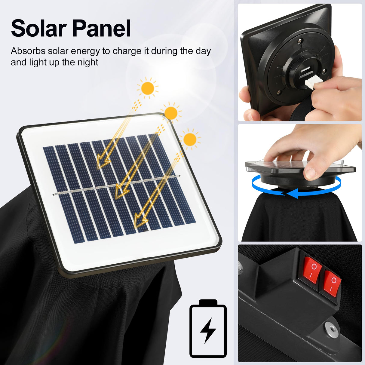 FLAME&SHADE 10 ft Solar Powered Outdoor Market Patio Table Umbrella with LED Lights and Tilt, Black FLAME&SHADE