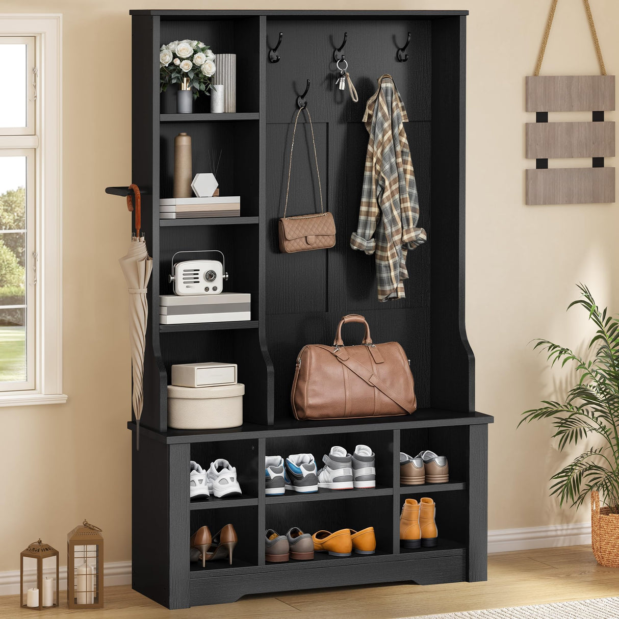 DWVO 39" Hall Tree with Bench and Shoe Storage, 6 Shoe Cubbies & 5 Coat Hooks, 4 Side Storage Cubbies, Entryway Bench with Coat Rack for Entryway Hallway Bedchamber Narrow, Adjustable Shelf (Black) DWVO