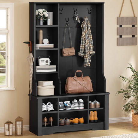 DWVO 39" Hall Tree with Bench and Shoe Storage, 6 Shoe Cubbies & 5 Coat Hooks, 4 Side Storage Cubbies, Entryway Bench with Coat Rack for Entryway Hallway Bedchamber Narrow, Adjustable Shelf (Black) DWVO