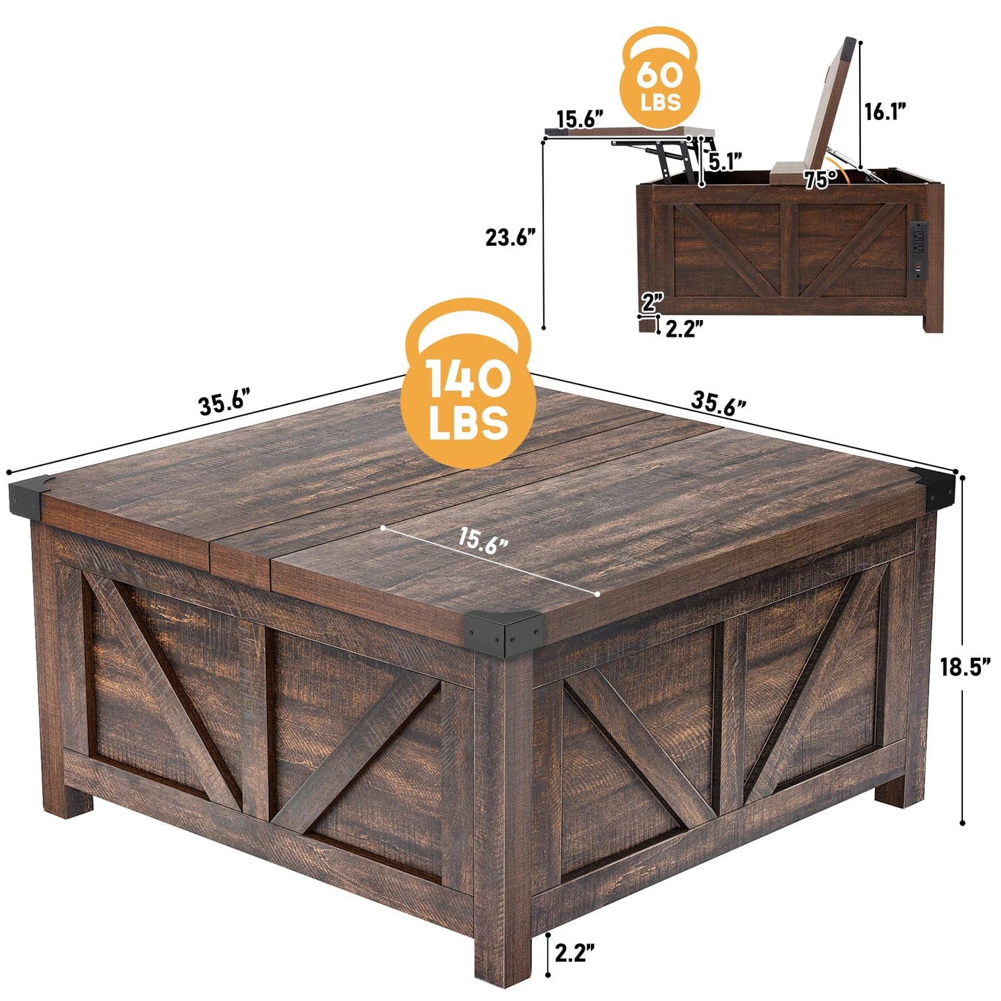 jimeimen Farmhouse Lift Top Coffee Table with Storage, Wood Square Center Table with Charging Station&USB Ports, Living Room Central Table w/Large Hidden Space, for Living Room, Bedroom, Home Office
