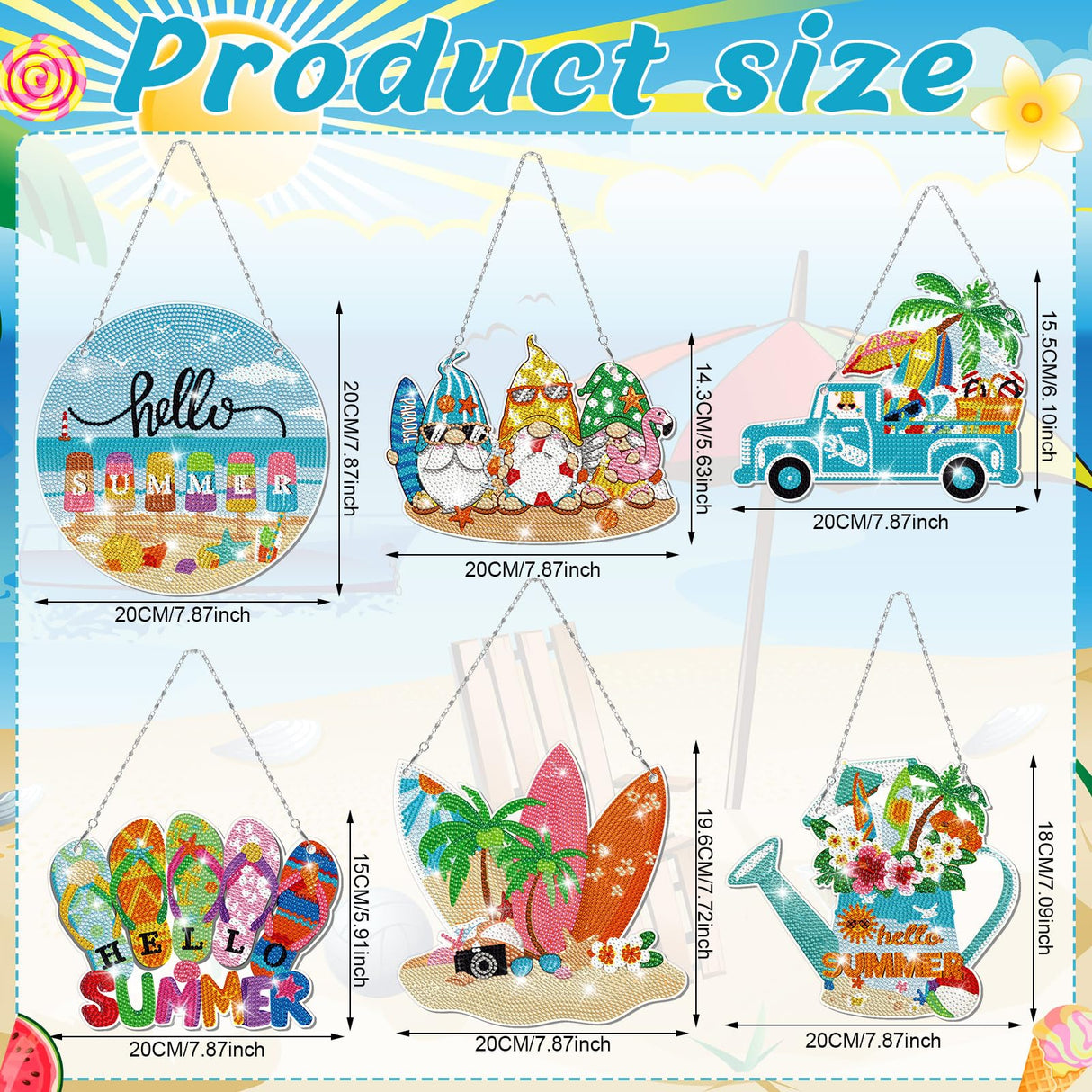 Chitidr 6 Pcs Summer Diamond Painting Hanging Sign Set Beach Gnome Diamond Art Paint Arts Set 5D DIY Ornaments Kits for Summer Wall Door Window Decor Chitidr