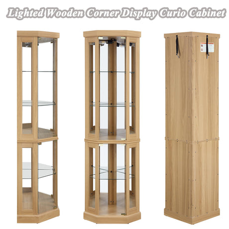 lunhung 69" H Lighted Corner Curio Cabinet, Corner Glass Display Case with Adjustable Shelves & Glass Doors, Wooden Curved Corner Accent Storage Curio Storage Rack for Living Room (Light Oak) lunhung