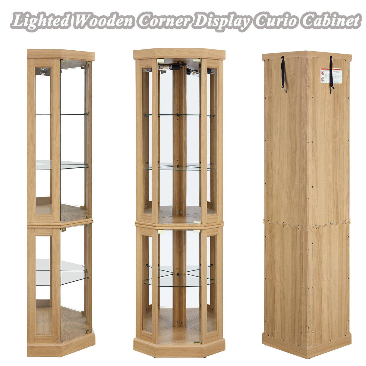 XZTUAJ Corner Curio Cabinet Display Case with Light, 69" H Glass Display Cabinet, Display Showcase Case Storage with Tempered Glass Door & Adjustable Glass Shelves for Living Room (Light Oak) XZTUAJ