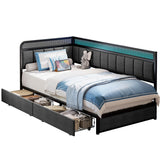 LIKIMIO Twin Corner Bed Frame with Storage Drawers and Charging Station, Modern Twin Daybed with LED Lights and Upholstered Guardrail, Gray LIKIMIO