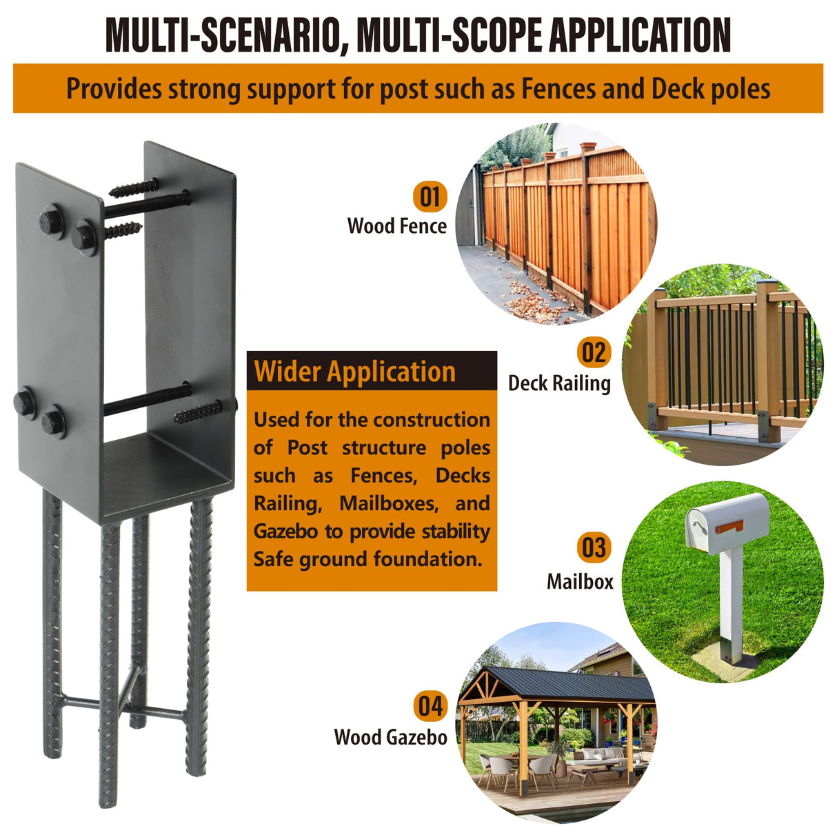 Wocepu 1 Pack Heavy Duty Stainless Steels U-Shape 4"x4"(Actual 3.5"x3.5") Wet Concrete Fence Post Holder, Psot Base, for Fence, Deck Railing, Pergola Wood Post Bracket Anchor (Dark Grey) WOCEPU