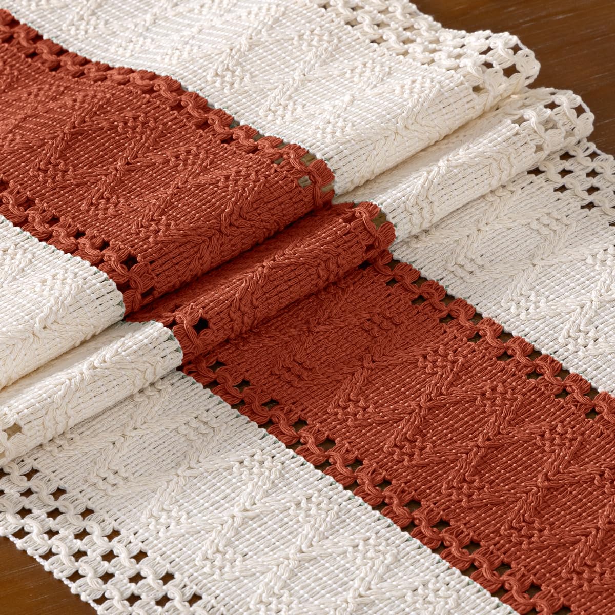 DeZerlor Boho Macrame Table Runner Terracotta Fall Farmhouse Woven Small Table Runner with Tassels 48 Inches Ivory& Rust Cotton Linen Kitchen Table Centerpiece for Dining Dresser Home Tea Table Decor DeZerlor
