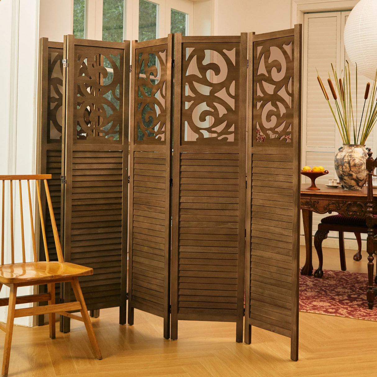 Svimi Folding Room Divider, 5.6Ft 6 Panels Wood Carved Privacy Screens, Free Assembled Freestanding Portable Reversible Functional Decorative Partition for Home Office Restaurant Bedroom (Brown) Svimi