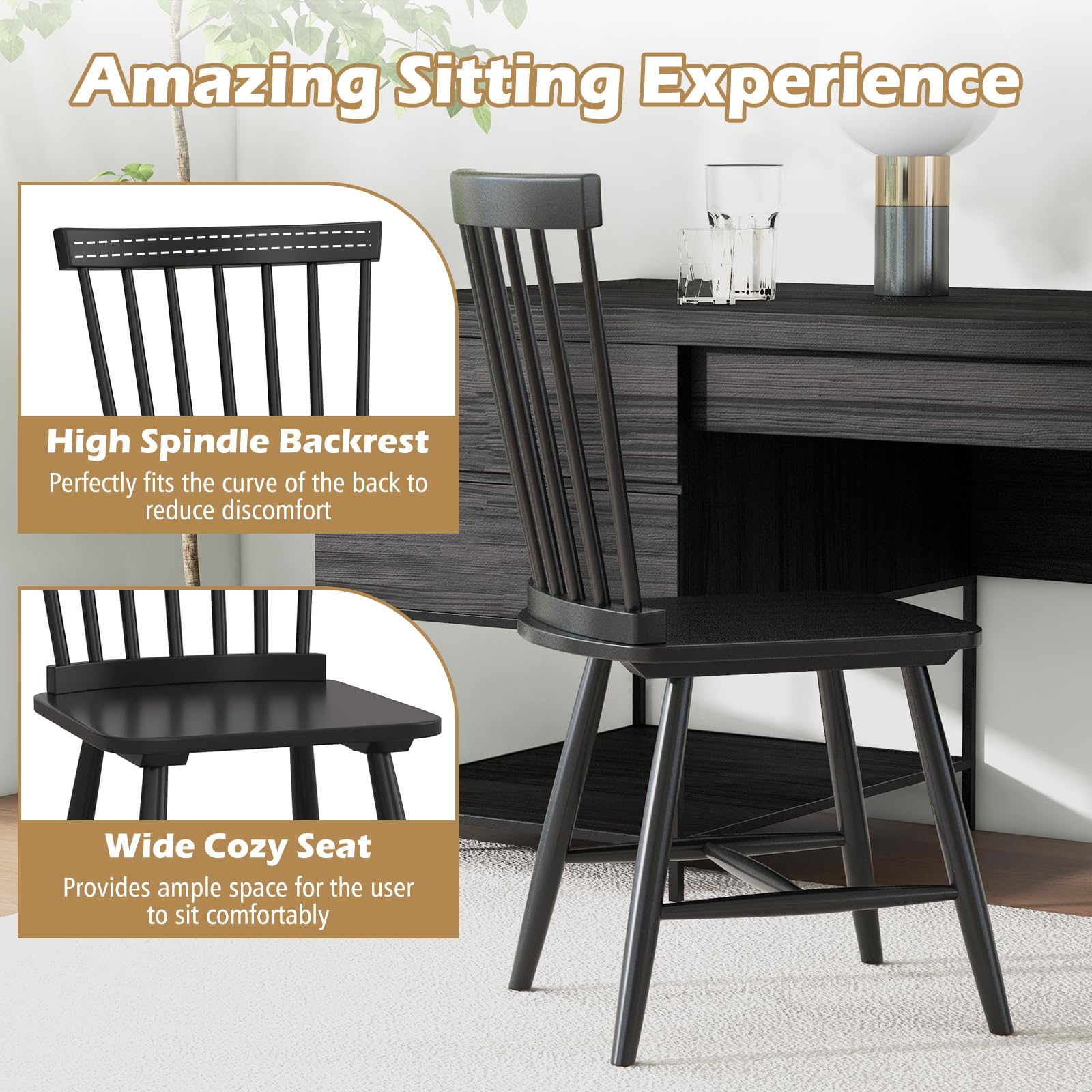 Giantex Wood Dining Chairs Set of 2, Solid Wood Windsor Dining Chair with Wide Seat, Max Load 400 Lbs, Country Wooden Slat Back Dining Room Chairs, Farmhouse Spindle Dining Chairs, Black - WoodArtSupply