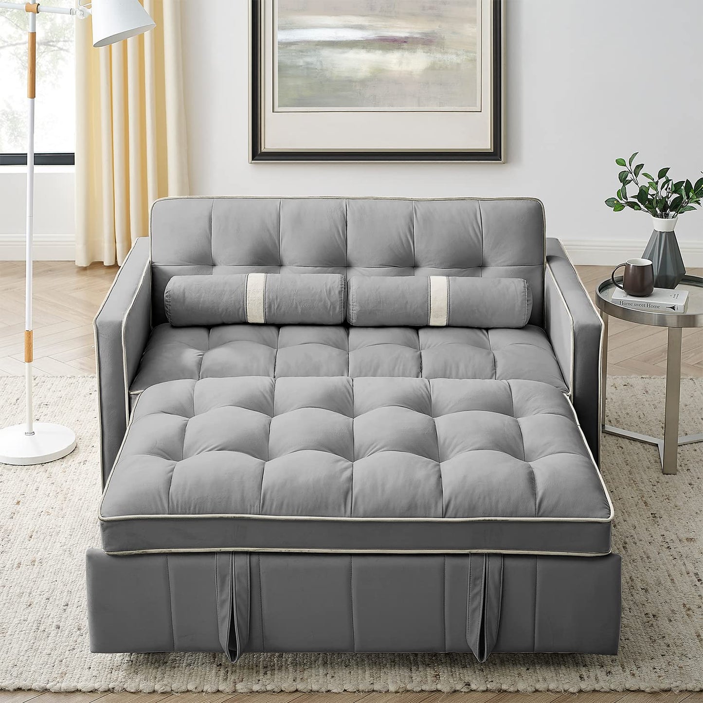 3 in 1 Sleeper Sofa Couch Bed, Small Tufted Velvet Convertible Loveseat Futon Sofa w/Pullout Bed, Adjustable Backrest, Cylinder Pillows for Living Room Apartment, Easy to Assemble, Grey, 55.5"