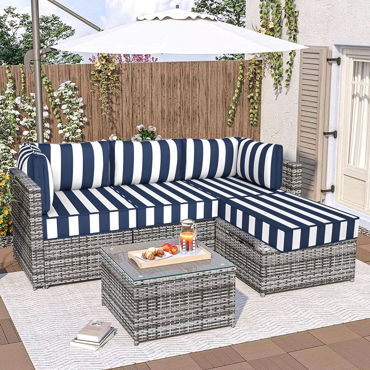 Outdoor Sectional Cushions, 5" Replacement Cushions for Patio Furniture, 9 Piece Water-Resistant Couch Replacement Set, for 4-seat Patio L Shaped Wicker Sofa (Blue Striped) Generic