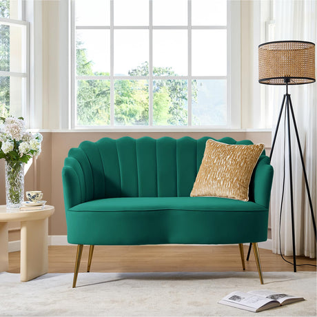 HULALA HOME Velvet Loveseat Sofa with Flower Shaped Back, Modern 2-Seater Sofa for Living Room Bedroom, Comfy Upholstered Small Love Seat Couch with Gold Legs, Green HULALA HOME