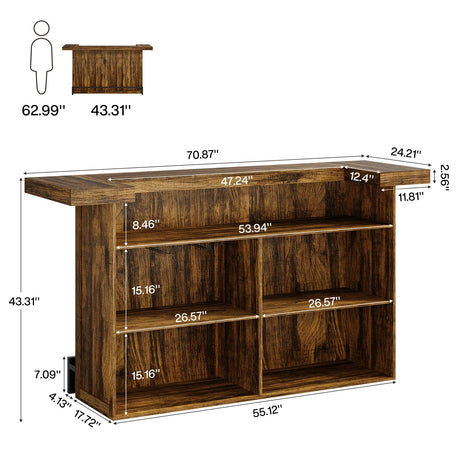 Tribesigns 4-Tier Bar Table, 70.9-Inch Large Wood Home Bar Unit with Wine Glass Holder and Black Footrest, Pub Table with Storage Shelves for Kitchen, Indoor, Brown Tribesigns