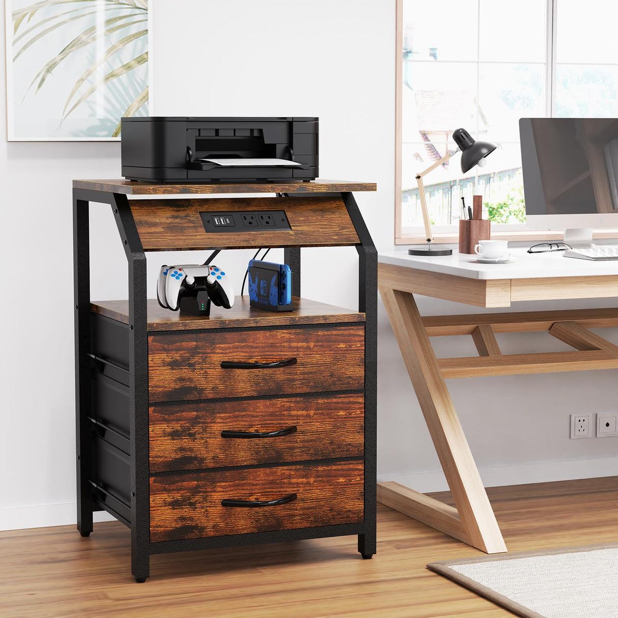 SZLHANJZ End Tables Set of 2, Nightstands with Charging Station and LED Lights, 3 Drawers Fabric Dresser, Storage Side Tables for Bedside, Living Room, Rustic Brown SZLHANJZ