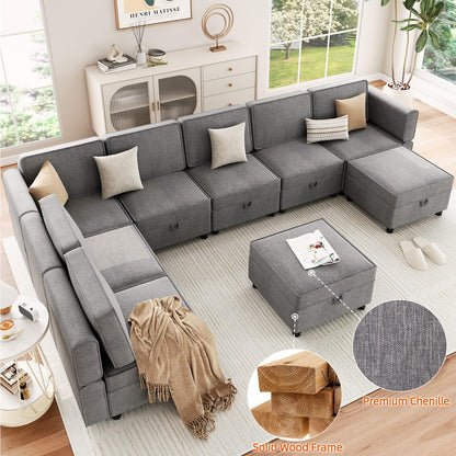 139.4" Chenille Reversible Sectional Sofa with Storage Seats & Ottomans, 9-Seater Modular Sectional Sofa, Comfy Sectional Sleeper Sofa Couch with Chaise, U-Shape Modular Couch, Grey