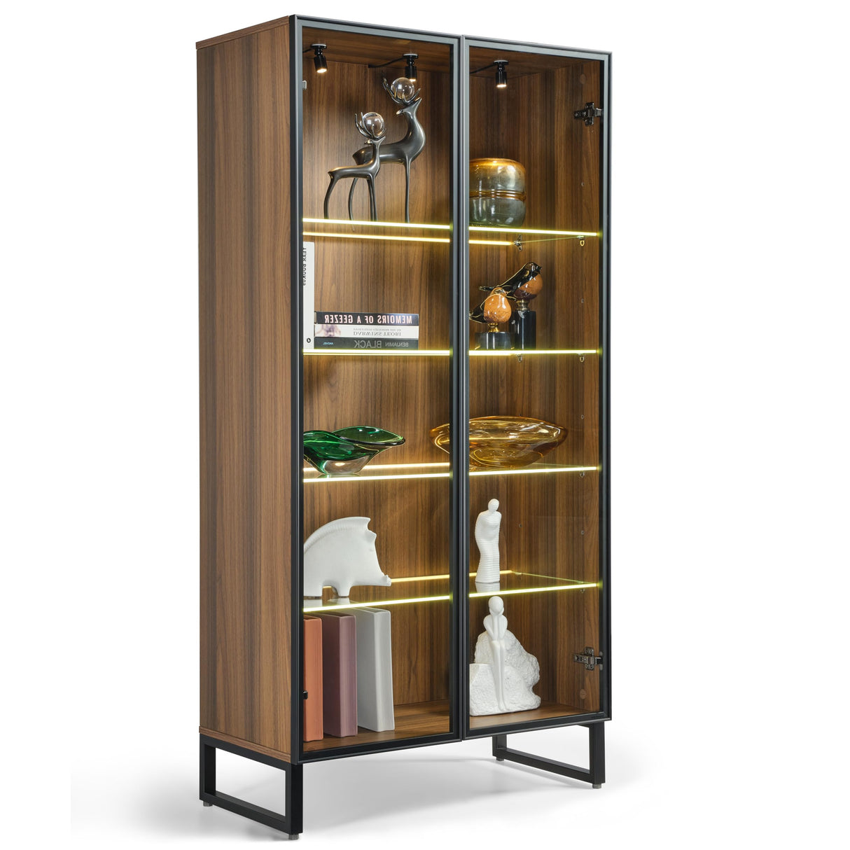 EUREKA ERGONOMIC Curio Cabinet with LED Lights, 4-Tier Adjustable Shelves Display Storage Cabinet Tempered Glass Door Tall Showcase for Collectibles Figurines Home Office Living Room Bedroom, Walnut EUREKA ERGONOMIC