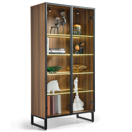 EUREKA ERGONOMIC Curio Cabinet with LED Lights, 4-Tier Adjustable Shelves Display Storage Cabinet Tempered Glass Door Tall Showcase for Collectibles Figurines Home Office Living Room Bedroom, Walnut EUREKA ERGONOMIC