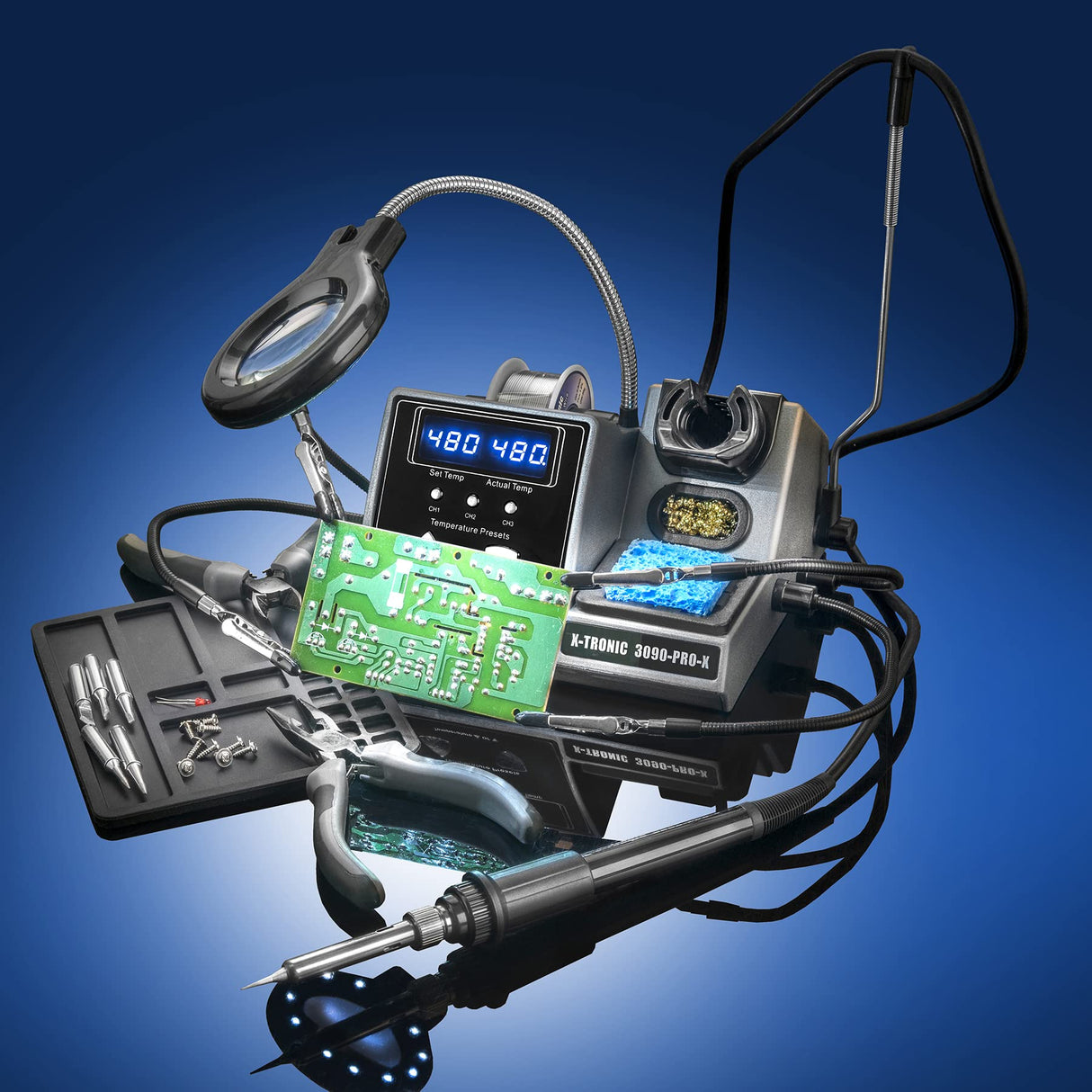 X-Tronic 3090-PRO-X – 75 W Soldering Iron Station – 5 Extra Tips, 2 LED Displays, Sleep Func, C/F, 3 Temp Presets, Mini Mag Lamp, 4 Helping Hands, Solder Sucker, Tweezers, Solder, Brass & Wet Sponges X-TRONIC