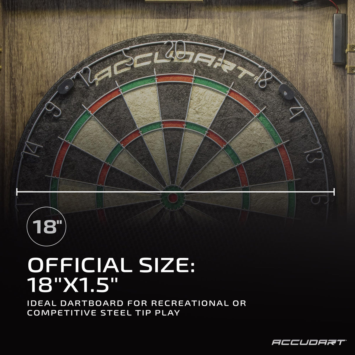Accudart Match Pro Dartboard Cabinet Set - Official Size - Self Healing Sisal - Modern Style Woodgrain - Two Built-in Dartholders - LED Lighting - Includes Scoreboard, Chalk, Eraser, and Six Darts Accudart