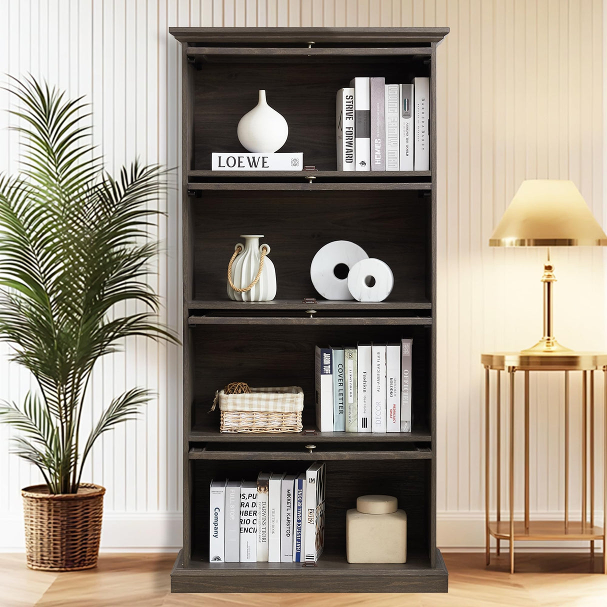 HIUU Brown Glass Display Curio Cabinet with Glass Doors,Brown Showcase Display Cabinet,Shelves with Flip-Up Glass Doors,Farmhouse Barrister Bookcase HIUU