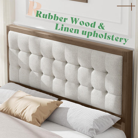 AMERLIFE King Size Solid Wood Bed Frame with Tall Tufted Headboard, Mid-Century Style, No Box Spring Required, Easy Assembly, Ash Gray AMERLIFE