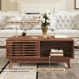 HAIOOU Coffee Table, Mid Century Modern Coffee Table with Storage, Lift Top Coffee Table for Living Room with Sliding Fence Door, 35.4'' Rectangular Fluted Coffee Table (Walnut Brown) HAIOOU