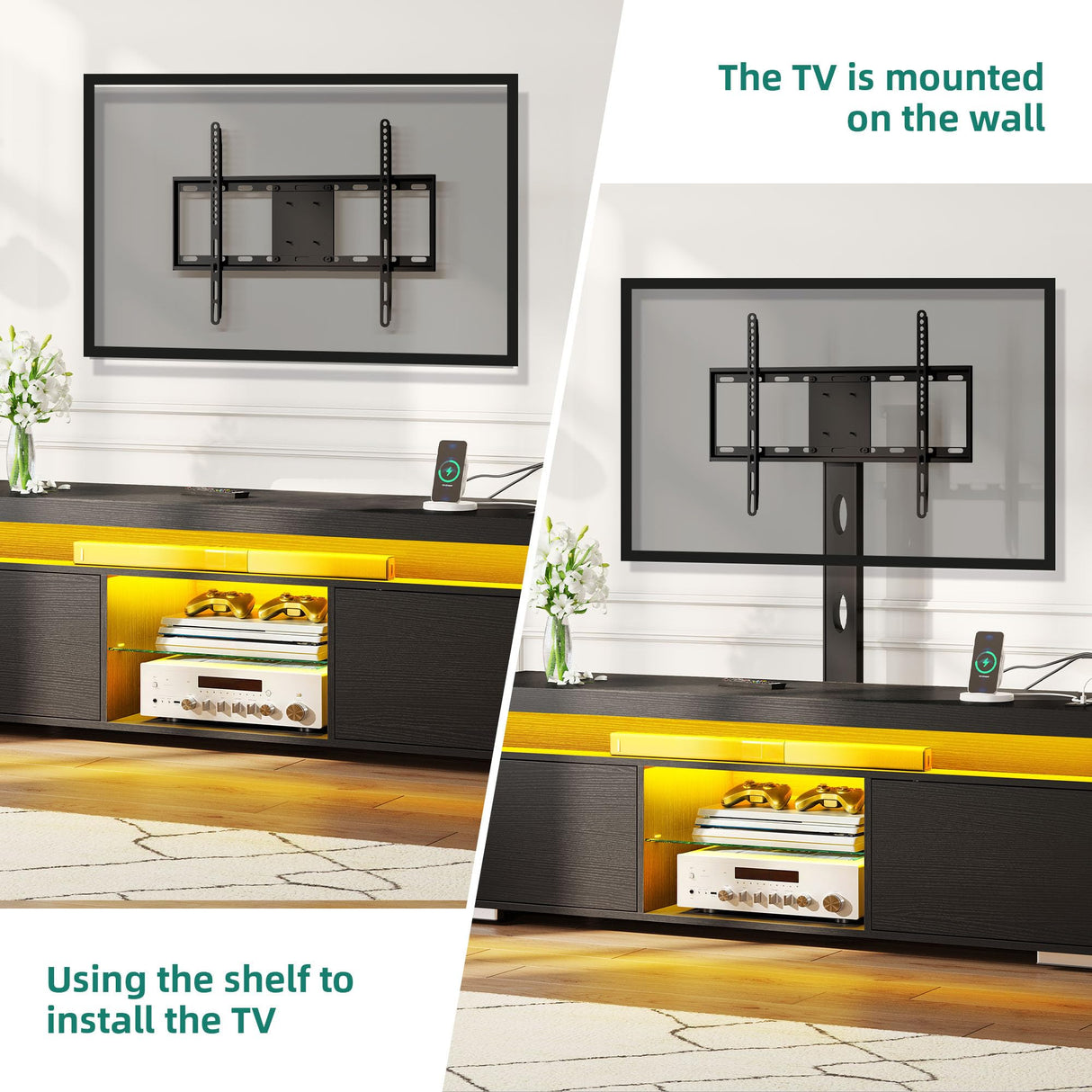 YITAHOME Black TV Stand for Living Room with Height Adjustable Mount, Entertainment Center for 70/65 Inch TVs w/LED Lighting, 4 Power Outlets & USB Ports, Modern Media Console with Storage Shelves YITAHOME