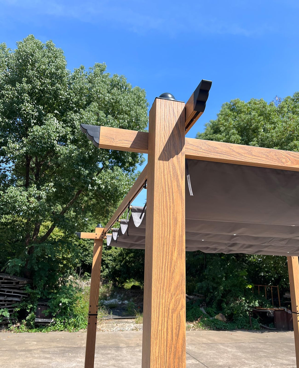 GarveeLife 10x13 Ft Outdoor Pergola with Retractable Canopy Upgraded Outdoor Aluminium Pergola, Faux Wood Grain Metal Patio Gazebo for Modern Backyard Deck for Porch, Awning, Grape Trellis, Khaki GarveeLife