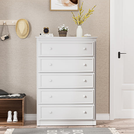 KSOBEBVT 5 Drawer Dresser, Tall Wooden Chest of Drawers for Bedroom, Closet Storage Cabinet and Organizer Drawers for Living Room Hallway Entryway, 15.7" D x 31.5" W x 45.7" H (White) KSOBEBVT