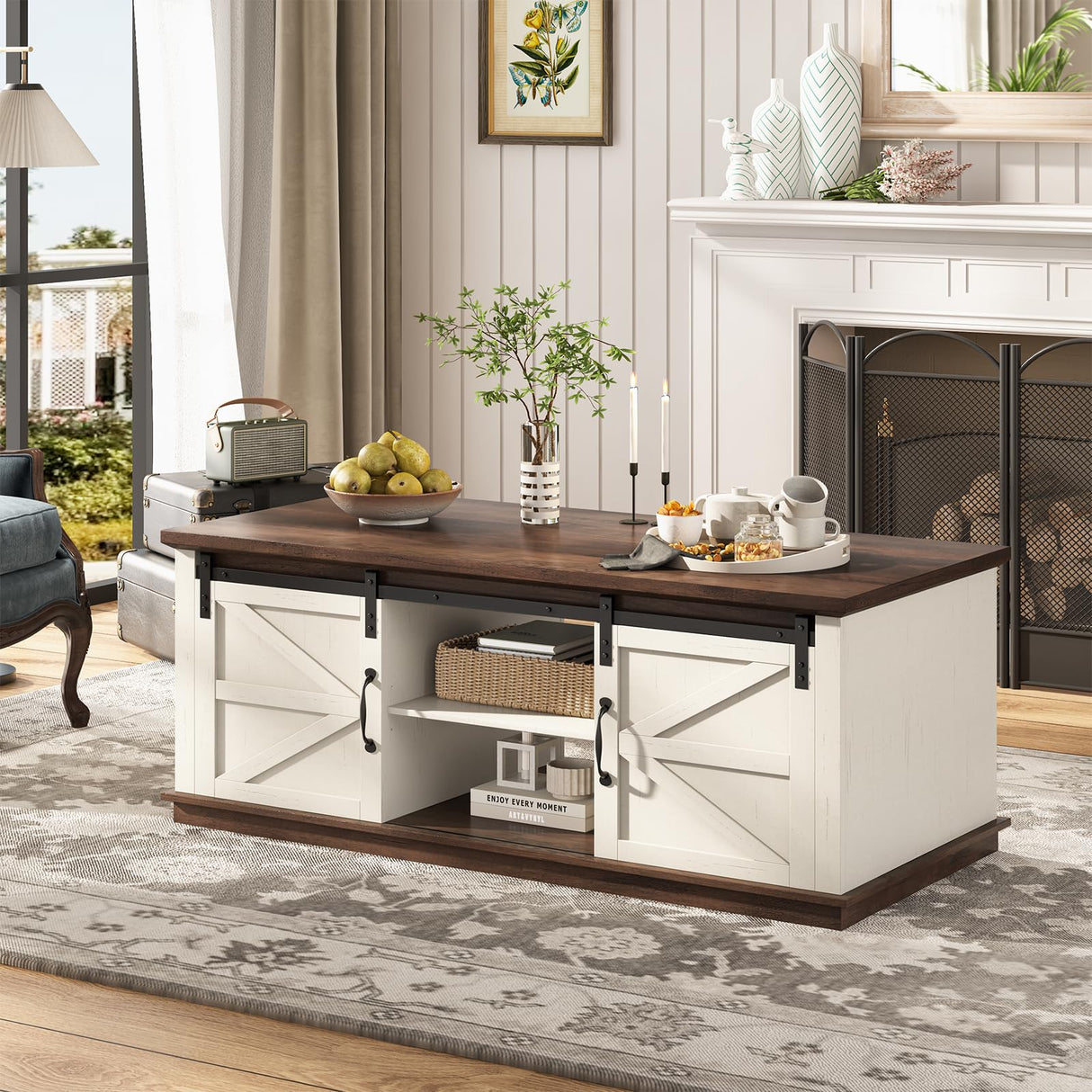 UPOSOJA Farmhouse Coffee Table for Living Room with Storage & 4 Sliding Barn Doors, Adjustable Shelves, Modern Rectangular Rustic Living Room, Meeting Room, Hall Coffee Tables (White Brown) UPOSOJA