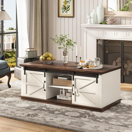 UPOSOJA Farmhouse Coffee Table for Living Room with Storage & 4 Sliding Barn Doors, Adjustable Shelves, Modern Rectangular Rustic Living Room, Meeting Room, Hall Coffee Tables (White Brown) UPOSOJA