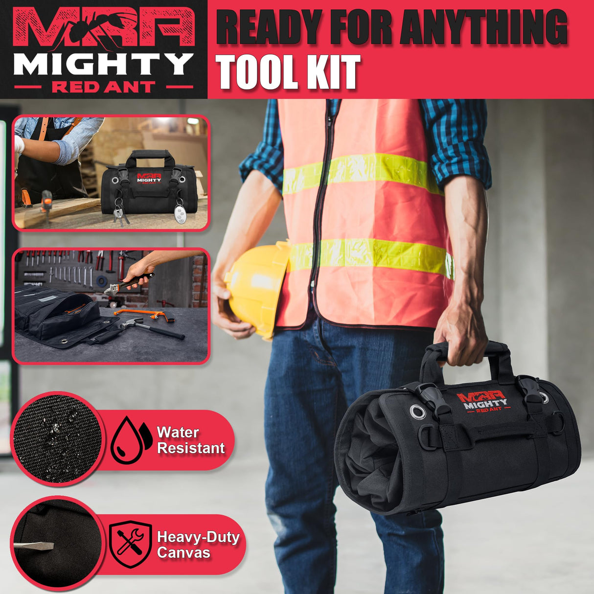 Mighty Red Ant Tool Roll - Tool Bags | Roll Up Tool Bag | Tool Bag Organizer | Tool Roll Up Bag W/5 Large Pouches | Tool Roll Bag for Men | Rolling Tool Bag | Gifts for Dad | Heavy Duty Tool Bag Mighty Red Ant
