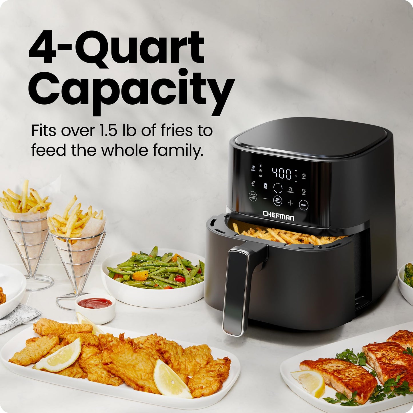 Chefman Air Fryer – 4 QT Compact Airfryer for Quick & Easy Meals in Minutes, Features Hi-Fry Technology for Extra Crisp, Touchscreen Controls with 4 Presets, Nonstick & Dishwasher Safe Basket - Black