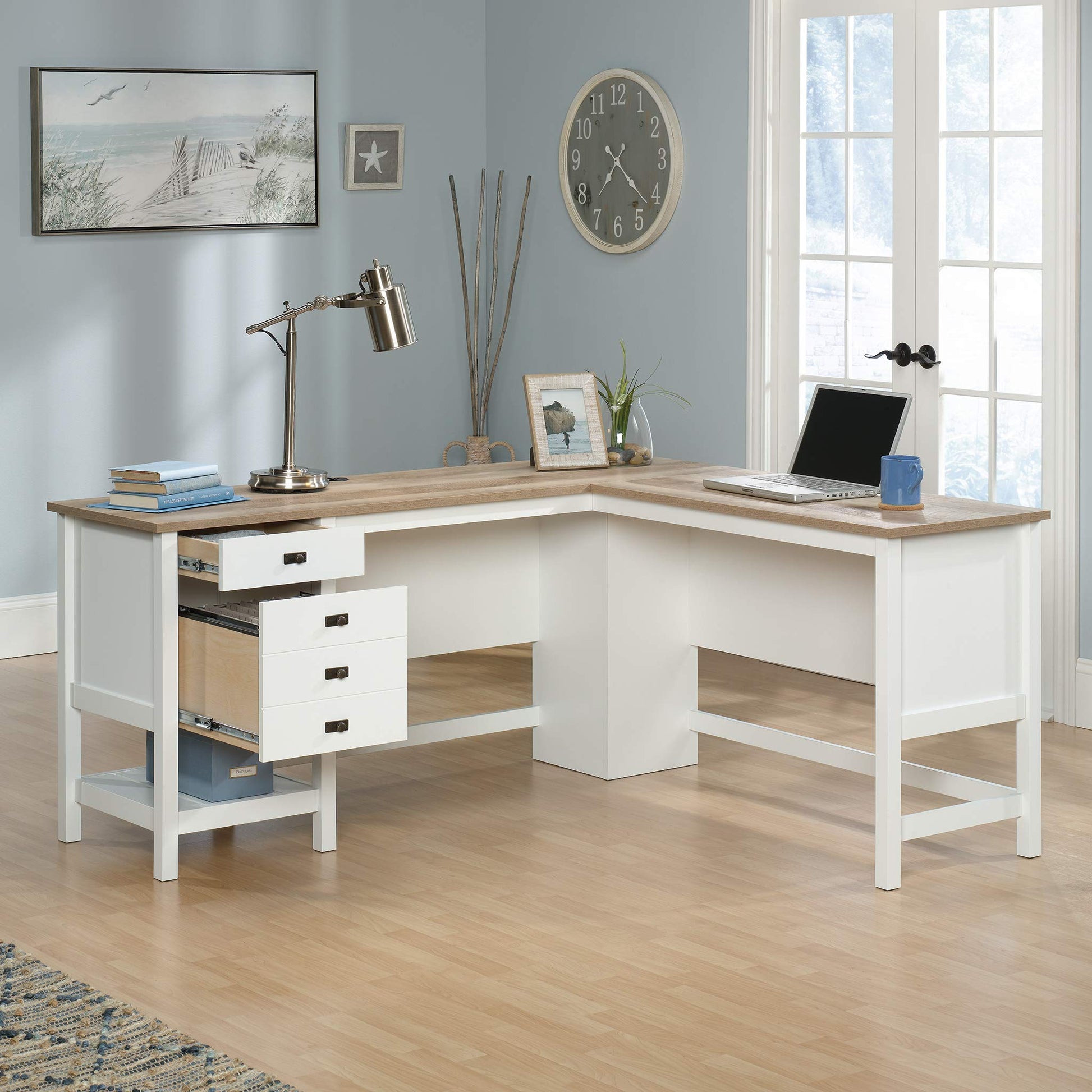 Sauder Cottage Road L-Desk, L: 65.12" x W: 58.66" x H: 29.76", Soft White Finish - WoodArtSupply