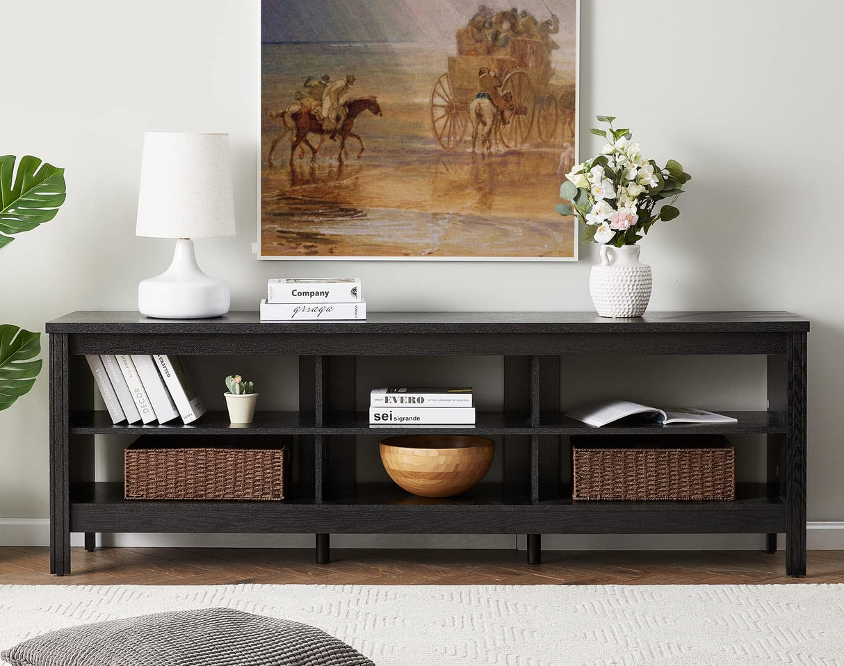 FITUEYES Farmhouse TV Stand for TVs up to 75 Inches, Black Entertainment Center for 80 inch TV Console Table with 6 Cubby Storage for Living Room Bedroom, 70'' FITUEYES