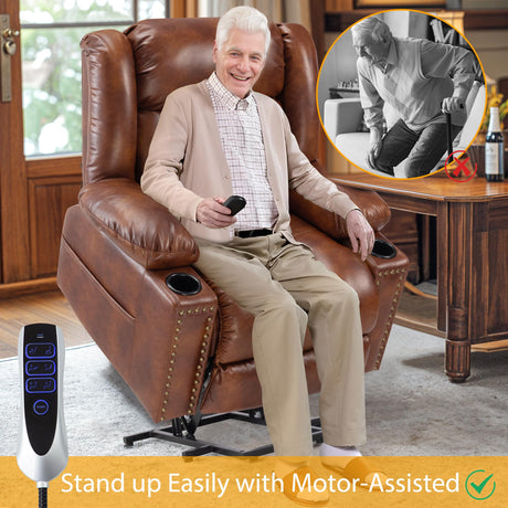 Cfvyne Triple Motor Large Power Lift Recliner Chair for Elderly with Heat and Massage, Lay Flat Lift Chairs for Seniors Infinite Position, Extended Footrest, USB&Type-C Ports, Cup Holder, Light Brown Cfvyne